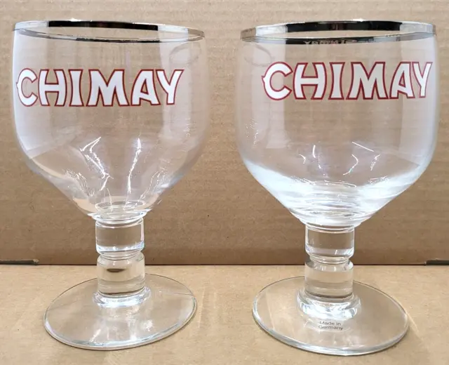 CHIMAY BEER GLASS Goblet Belgian Ale Chalice SILVER RIM Red White Lettering 6"H