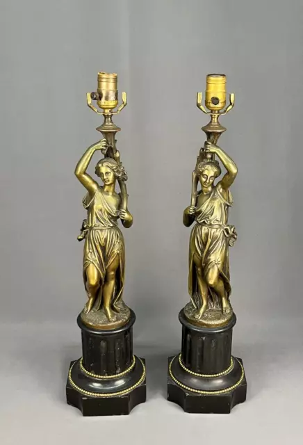 Pair 19th Century French Neoclassical Figural Bronze and Marble 24" Table Lamps 3