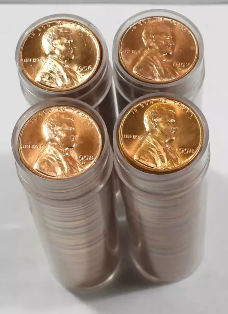 4 Rolls of Lincoln Wheat Cents, 56D, 57D, 58D, 58P Brilliant Uncirculated (124)