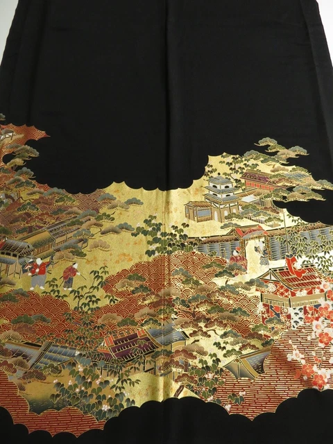 2S02z140 Japanese Kimono Silk  FABRIC Black Old Gion matsuri 45.7"