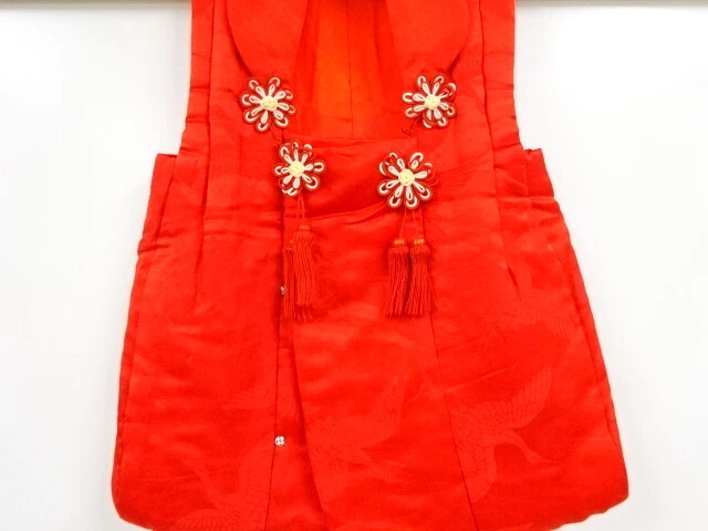 39204# Japanese Kimono / Antique Hifu(Vest For Kids) For Girls / Woven Cranes