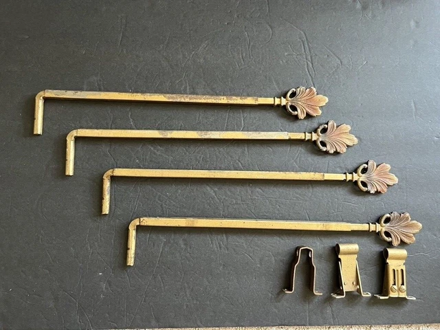 Set of 4 Antique Curtain Drape Rods Gold Victorian Ornate Cast Metal Swing Arm 2