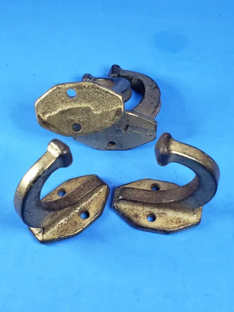 Vintage Wall Hooks Brass Plated Cast Iron 4 Hangers W/ Original Screws 2