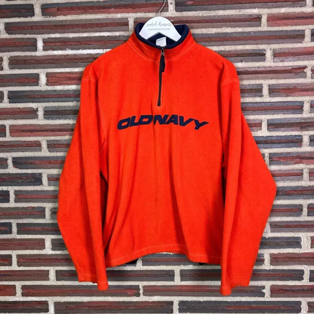 Old Navy Fleece Sweatshirt Spellout 90s Y2K Pullover 1/4 Zip Orange Blue Mens L