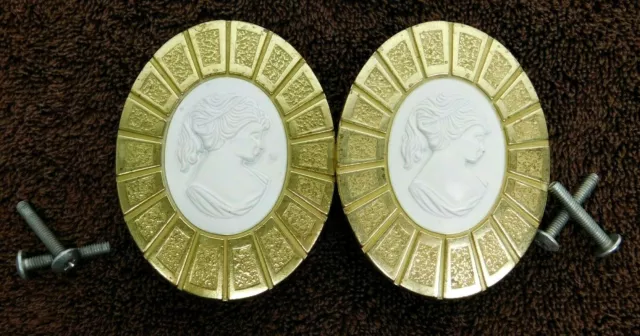 2 PACK Vintage Hyer Antique Oval Drawer Cabinet Pull Victorian Lady Cameo White