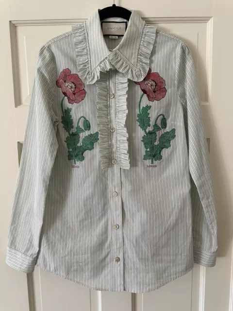 Gucci Loved Shirt Blue &White Cotton Pinstripe, Embroidered Flowers Sz 40 $950