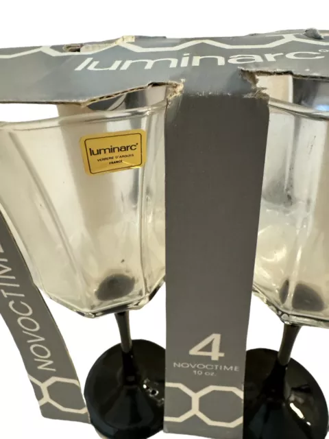 Set Of 4 Luminarc France Black Stem Octogon Wine Glasses NIB 8.25” 2