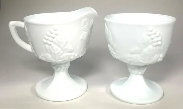 Vintage Milk Glass Sugar & Creamer Grape Design Pedestal 4" Collectible