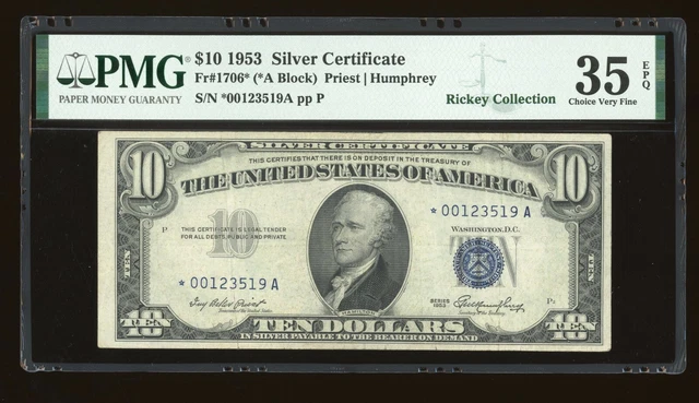 DBR 1953 $10 Silver STAR Fr. 1706* PMG 35 EPQ Serial *00123519A