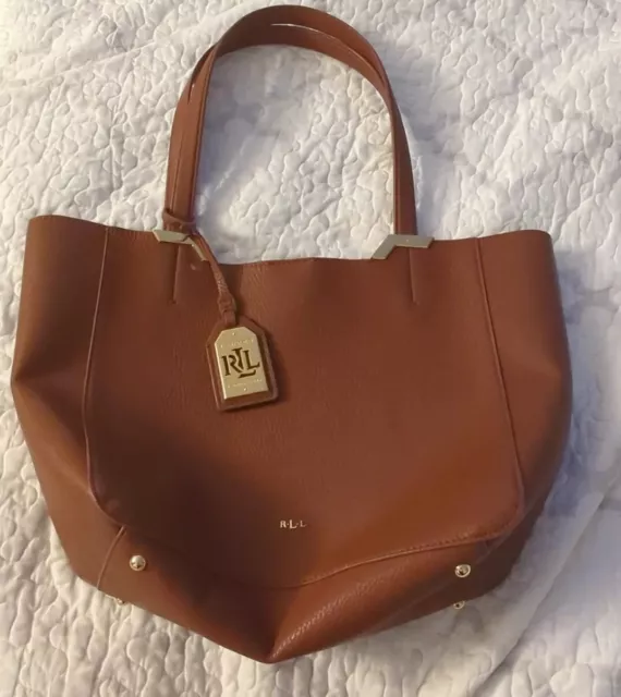 Lauren Ralph Lauren Jane Marie Brown Leather Gold Charm Tote Shoulder Bag Purse