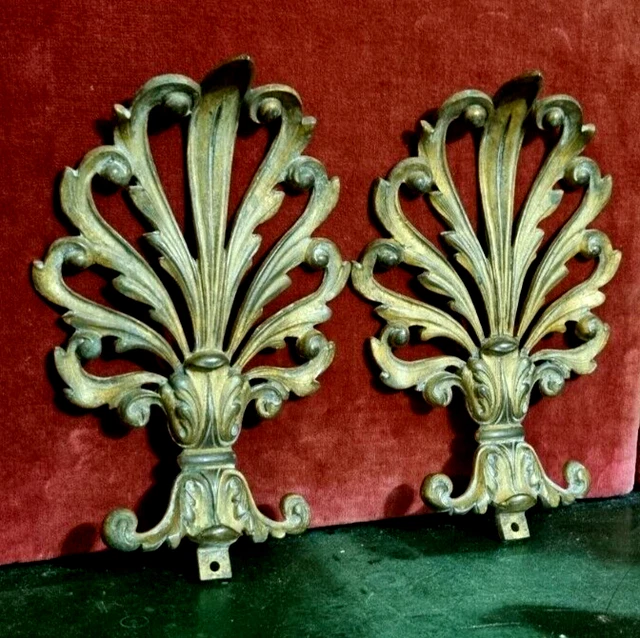2 Scroll palm acanthus leaf pierced bronze pediment - Antique french topper 8 in