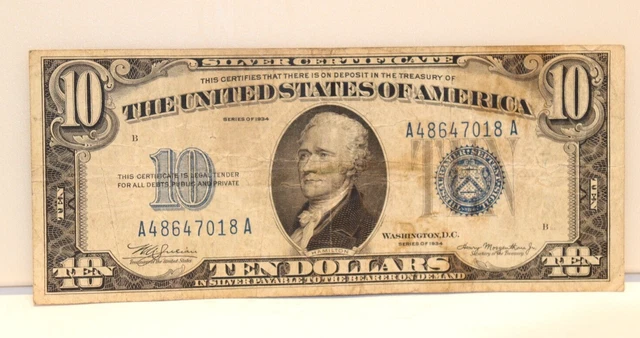 1934 US Silver Certificate $10 Blue Seal A48647018A