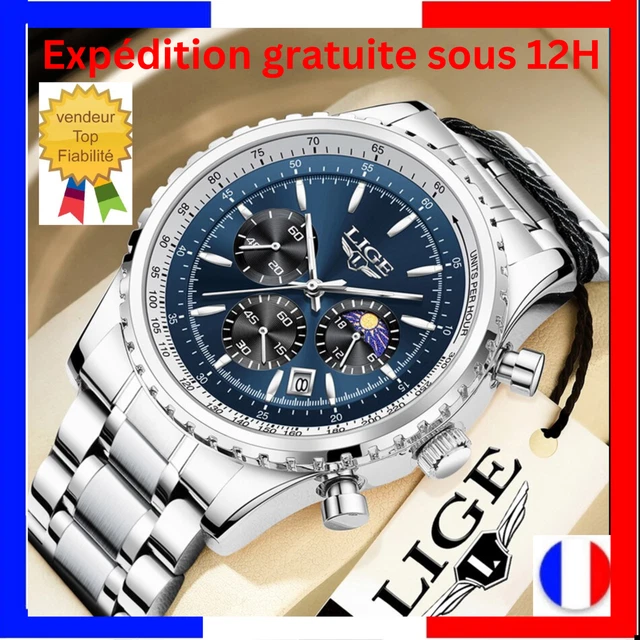 Montre Chronographe Sport Lige Pour Homme - Boîtier Acier 47 Mm, Bracelet Silicone, étanche 30 M, Neuf Avec étiquettes