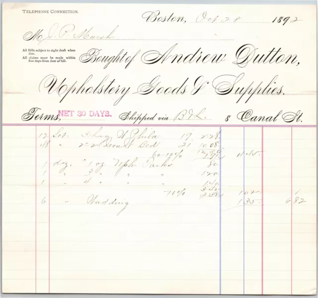 Boston, MA Andrew Dutton Upholstery Goods 1892 Billhead JP Marsh Bethel, VT