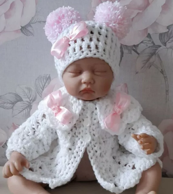 Hand Crochet Newborn Baby Girls  Cardigan/ Coat And Double Pom Pom Hat Set