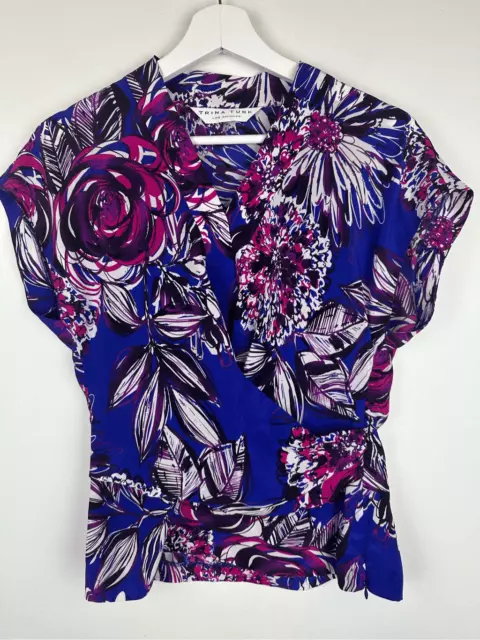 Trina Turk Women's 2 Short Sleeve Silk Blouse Blue Pink Tropical Eclectic Floral