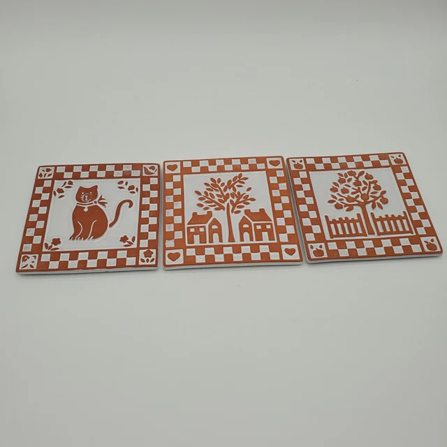 3 Ceramic White and Terracotta Domestic Life Wall Plaques