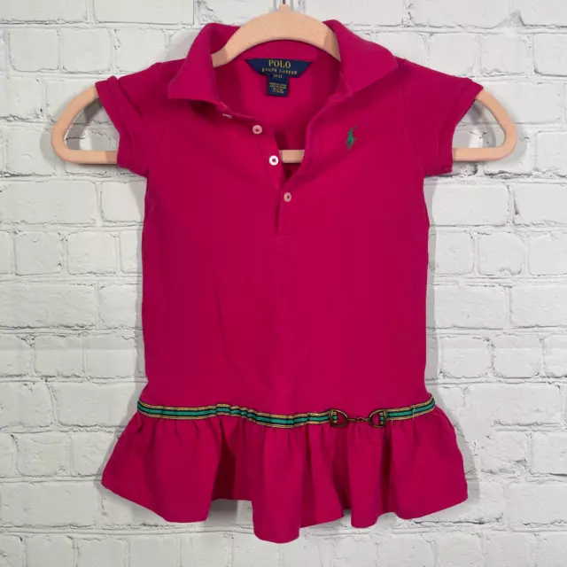 Polo Shirt Dress Girls Size 3T Hot Pink Ponny Logo Ruffle Horsebit Ribbon Preppy