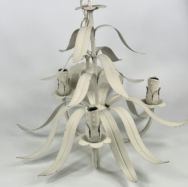 Vintage French 3 Arm White Toleware Chandelier Ceiling Light with Metal Leaves