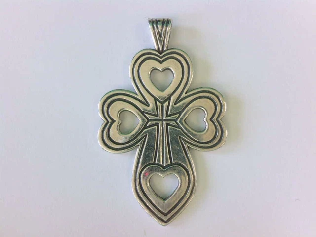 Pendentif Croix Avec Coeurs émaillés Violet - Alliage Argenté - 7x4 Cm - Occasion Bon état