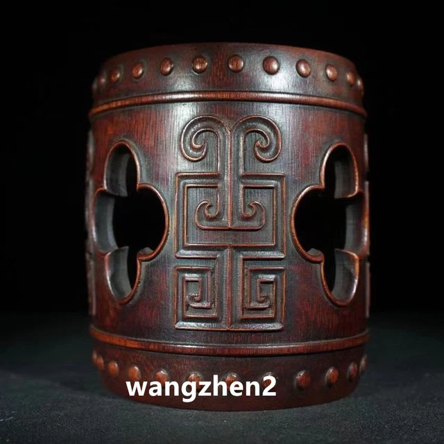 Chinese Wood brush pot Bamboo carving Pen holder Hollow out flower pattern 16cm
