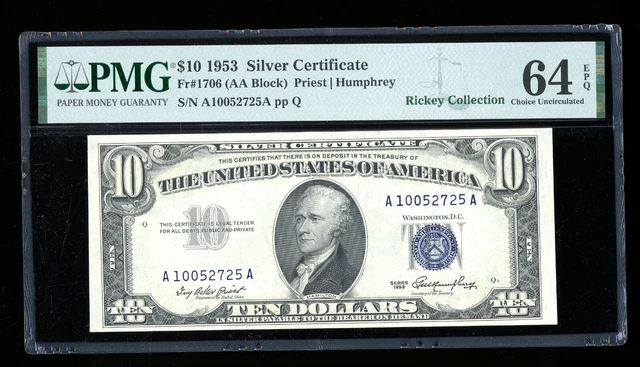 DBR 1953 $10 Silver Fr. 1706 PMG 64 EPQ Serial A10052725A
