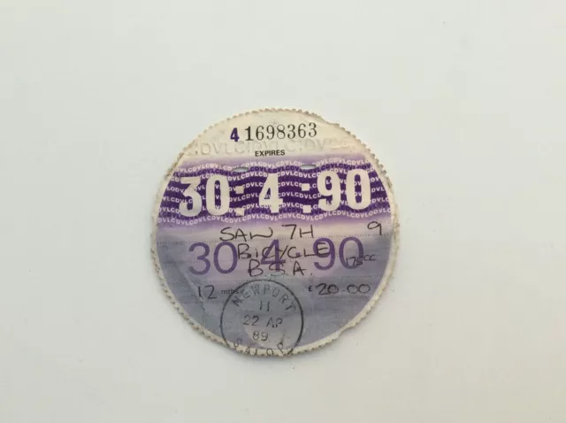 Old Road Tax Disc Original Vehicle Excise License 1990 Bsa Motorcycle