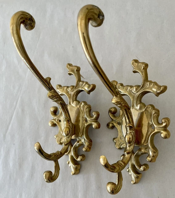 Set of 2 Vtg Antique Style Ornate Solid Brass Triple Coat Key Hat Hanger Hooks