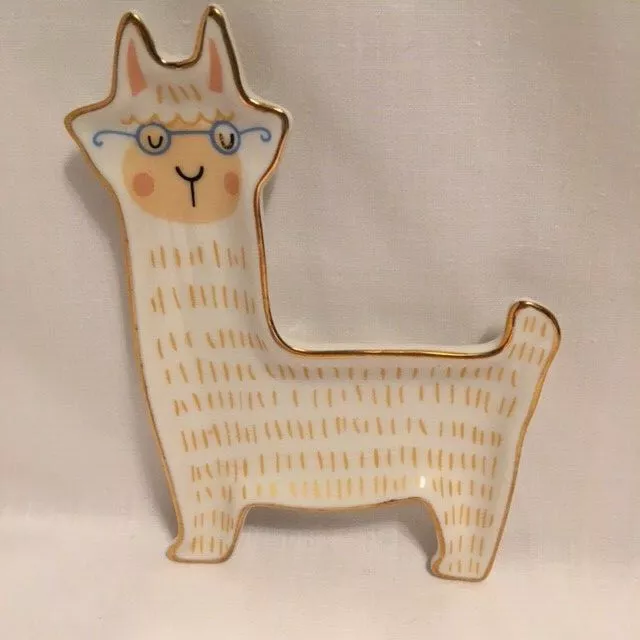 Alpaca Llama With Eye Glasses Trinket Pin Dish VGC Porcelain Figural Gold Trim