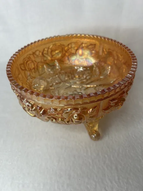 Vintage FENTON Carnival Glass Footed 7-1/2" Bowl Marigold Roses Sawtooth Rim