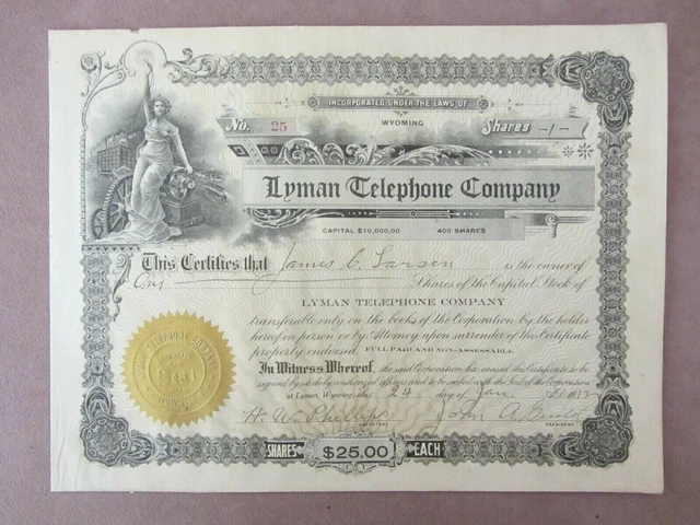 Original 1912 Stock Certificate Lyman Telephone Company Lyman Wyoming John Guild