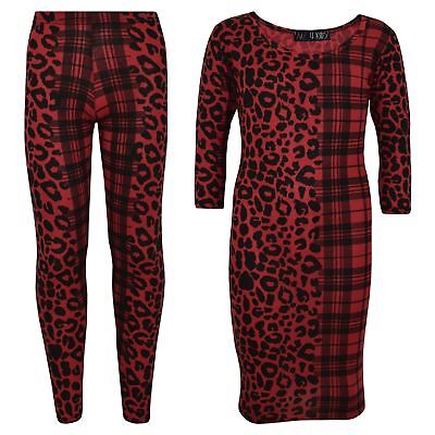 Kids Girls Leopard & Tartan Print Midi Dress Legging Top Bottom Age 5-13 Years