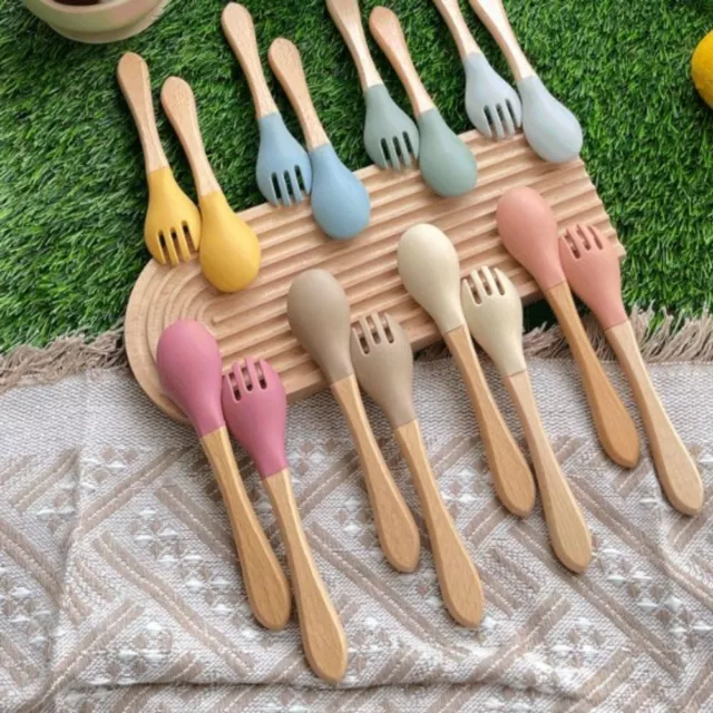 Wooden Baby Eating Spoon Silicone Toddler Training Spoon  Eating Training