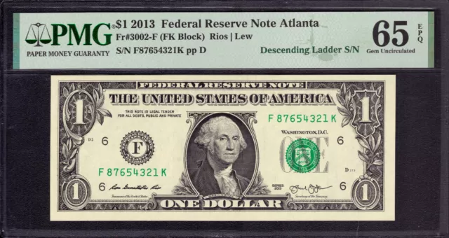 2013 $1 Federal Reserve Note Atlanta Descending Ladder Serial Number Pmg 65 Epq