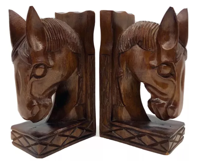 Vintage Hand Carved Solid Wood Horse Head Equestrian Bookends Cowboy Ranch