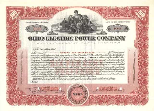 Ohio Electric Power Co. - Specimen Stock Certificate - Specimen Stocks & Bonds