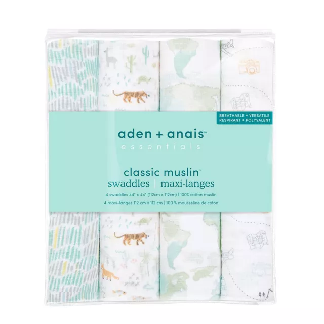 4PK Aden Anais Blanket Wrap Baby/Infant 112cm 100% Cotton Muslin Classic Swaddle