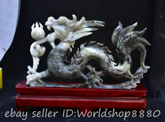 10.8" Chinese Natural Dushan Jade Carved Fengshui 12 Zodiac Year Dragon Statue