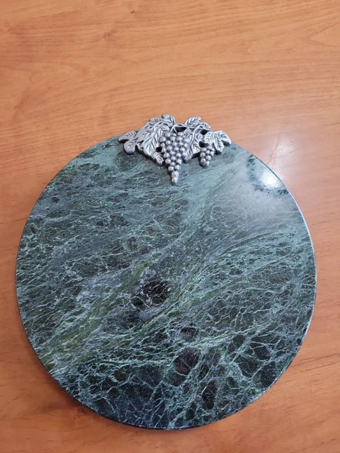Green Marble Round  Pewter Metal Fruit Cheese Serving Cutting  Board 12 "
