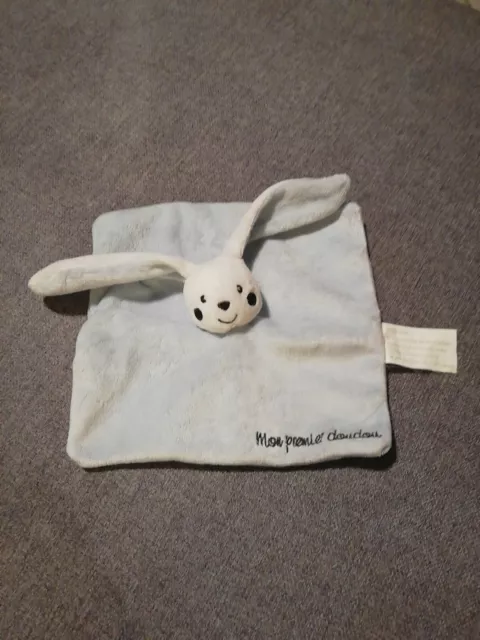 O/ Kimbaloo La Halle Mon Premier Doudou Lapin Plat Carré Bleu Blanc Brodé Gris