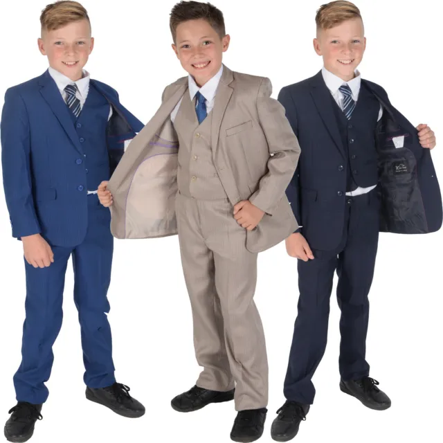 5 Piece Checked Boys Suits Wedding Prom PageBoy Suit Navy Blue Beige 2-15 Year