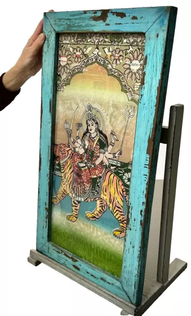 Indian Reverse Glass Painting Vintage Durga On A Tiger Her Vahana Hindu Deity