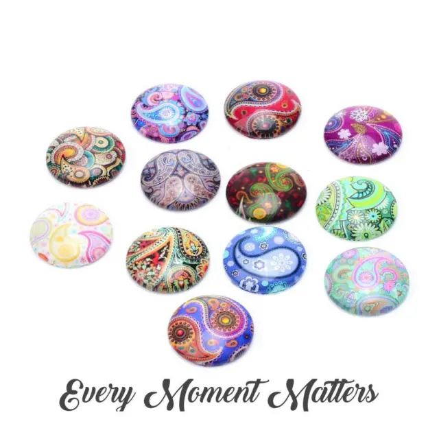 10 x 12mm PAISLEY PRINT GLASS FLAT BACK HALF ROUND DOME CABOCHONS MIXED DESIGNS