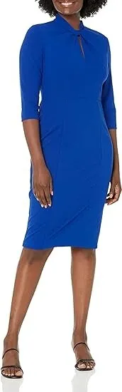 NWT Donna Morgan Crepe Sheath Dress Twist Front Keyhole Neck in Blue Sz 6 Petite