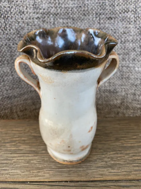 Handmade Art Pottery Clay Vase Earth Tones Scalloped Edge Two Handles Signed