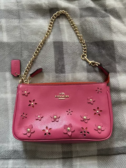 Coach small pink gold floral flower Nolita wristlet Clutch bag purse