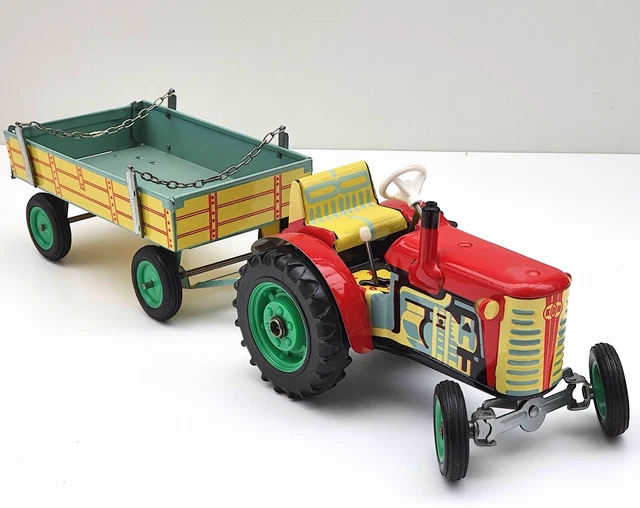 Ancien Jouet Mécanique   Tracteur Et Remorque Tôle Kdn  Avec Boîte    S Valnikem