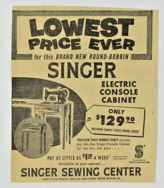 Vintage 1956 Singer Round Bobbin Sewing Machine Newspaper Print Ad