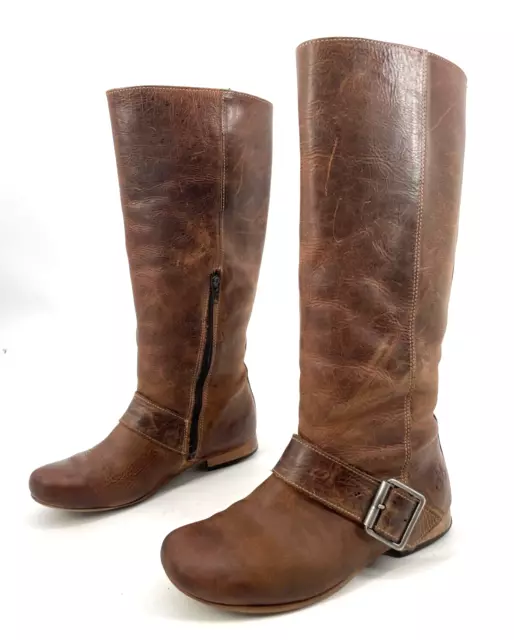 JOHN FLUEVOG womens 7 leather BROWN DISTRESSED boots BUCKLE TALL RIDING zip