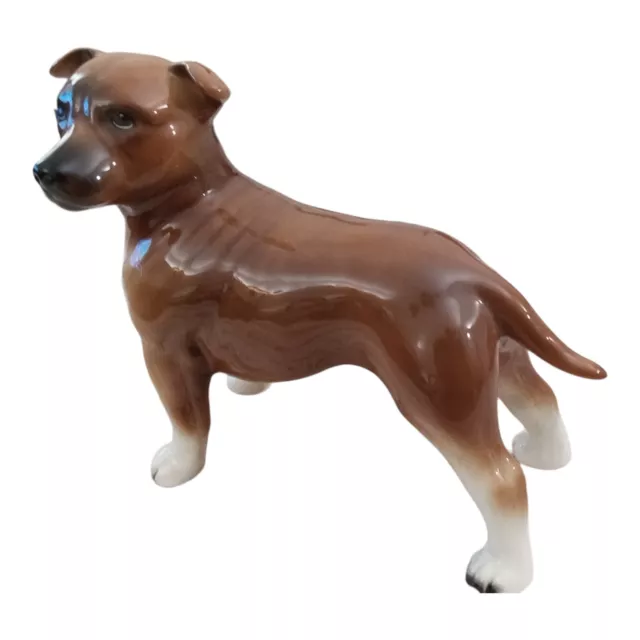 Staffordshire Bull Terrier Staffie Figurine Brown Tan White England Ceramic Vtg
